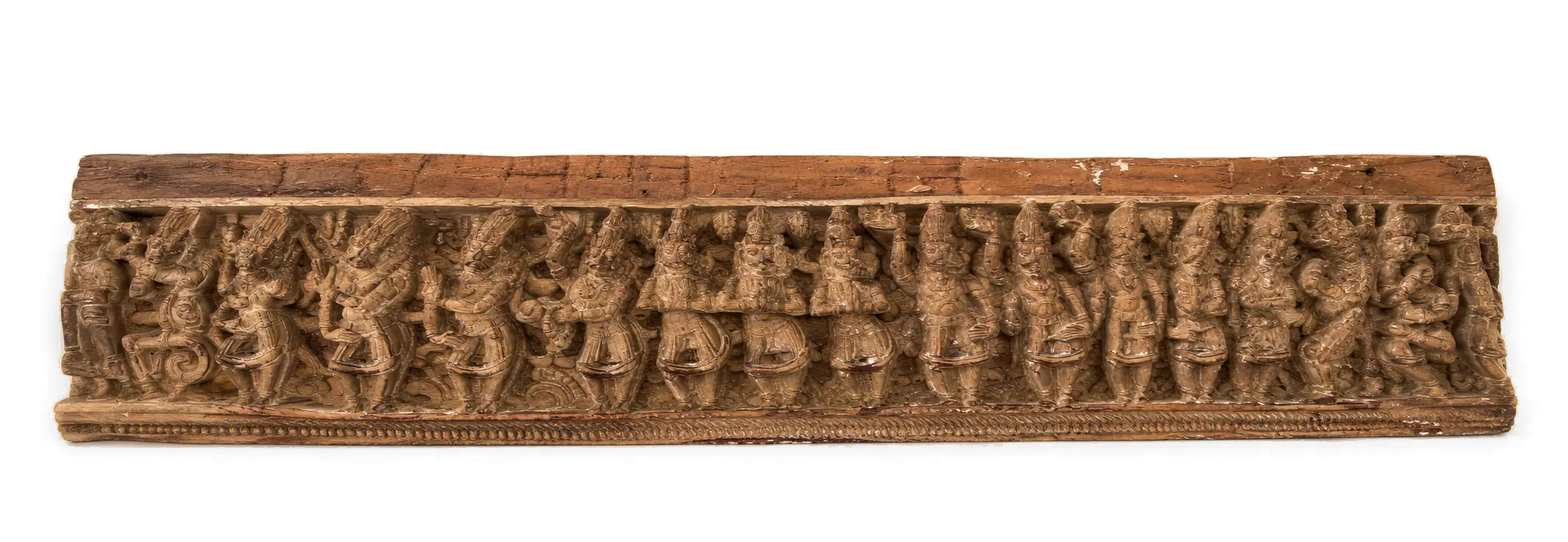 Grande frise d’Inde du Sud sculptée de nombreuses figures hindoues, présentée horizontalement sur fond ivoire