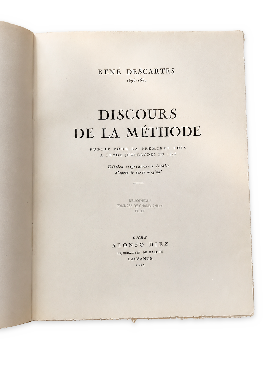 Page de titre du Discours de la méthode, édition lausannoise de 1945