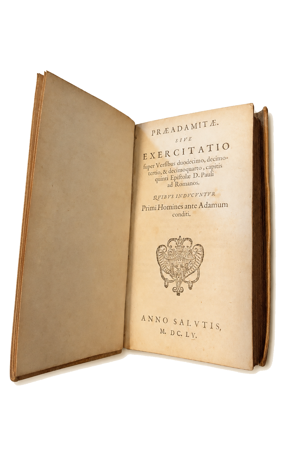 Præadamitæ de 1655 ouvert sur sa page de titre, sur fond ivoire